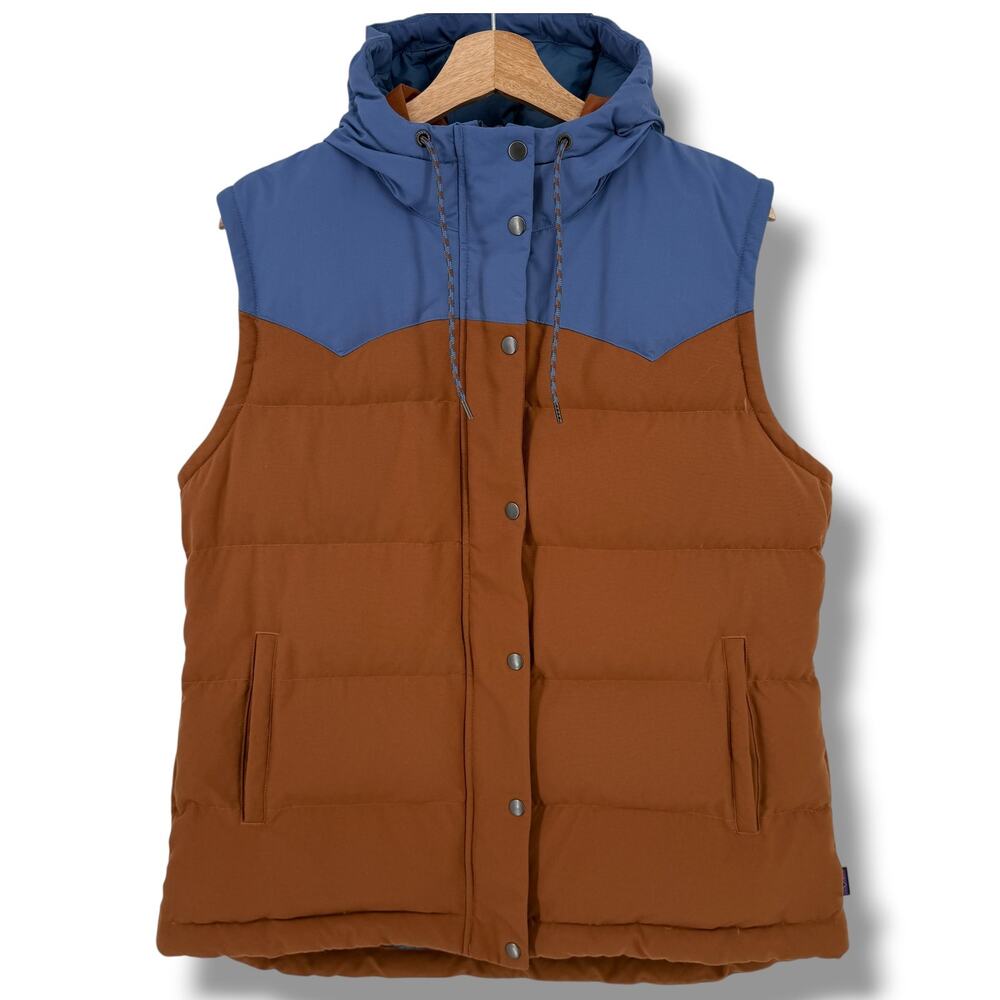 Patagonia Bivy Hooded Duck Down Canvas Vest Sisu Brown Blue Womens Sz XL
